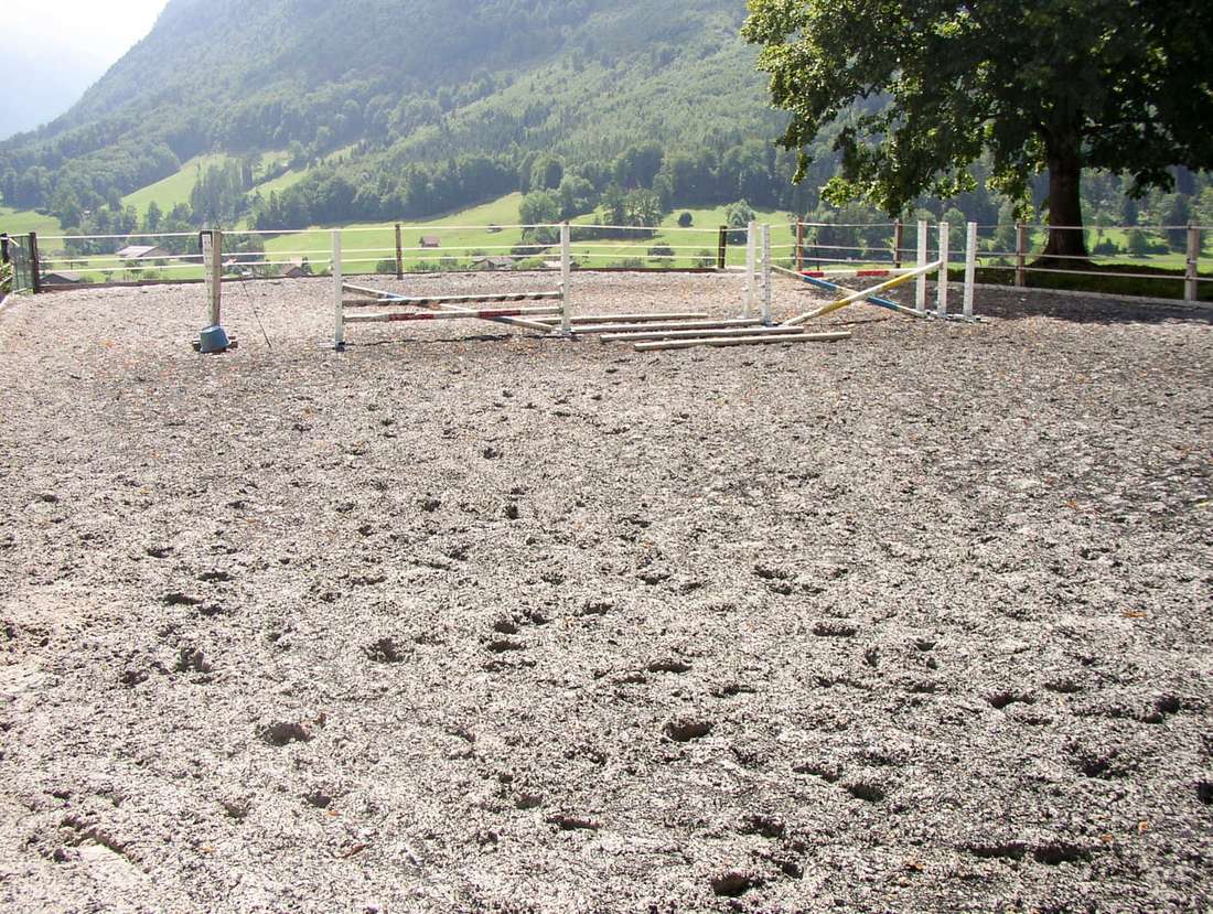 Reitplatz mit Springzubehör und Bergkulisse im Hintergrund