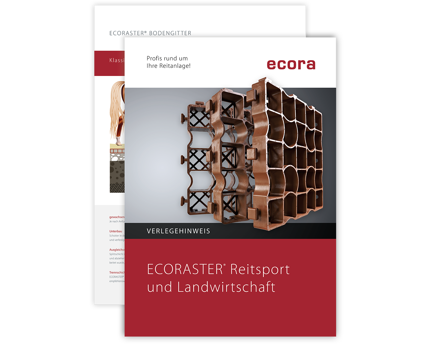 Vorderansicht der ecora Verlegehinweise Broschüre für Reitsport und Landwirtschaft