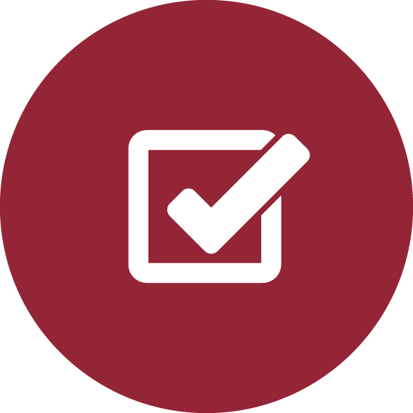 Dunkelroter runder Icon mit weißem Haken